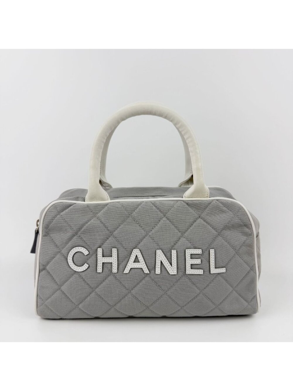 Chanel Sports Line CC Logo Quilted Boston Bag Nylon Leather Gray White Silver